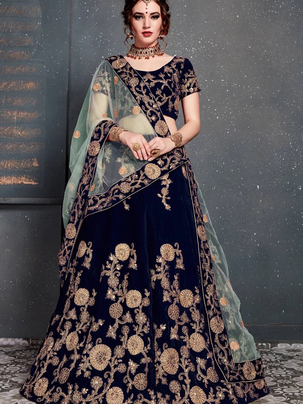 Navy & Gold Embroidered Velvet Lehenga Set with Sheer Dupatta